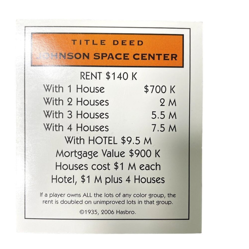 Monopoly Electronic Banking Johnson Space Center Property u Title Deed Card Repl